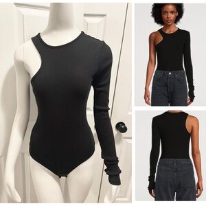 Agolde Bea Cutaway Bodysuit in Black Ribbed Long Sleeve Top Size Medium